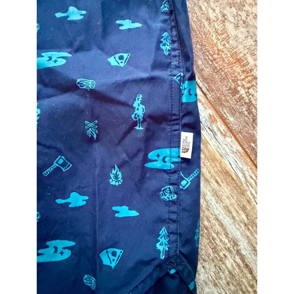The North Face Men's XL Camping Print Shirt Blue Short Sleeve Button Up Gorpcore